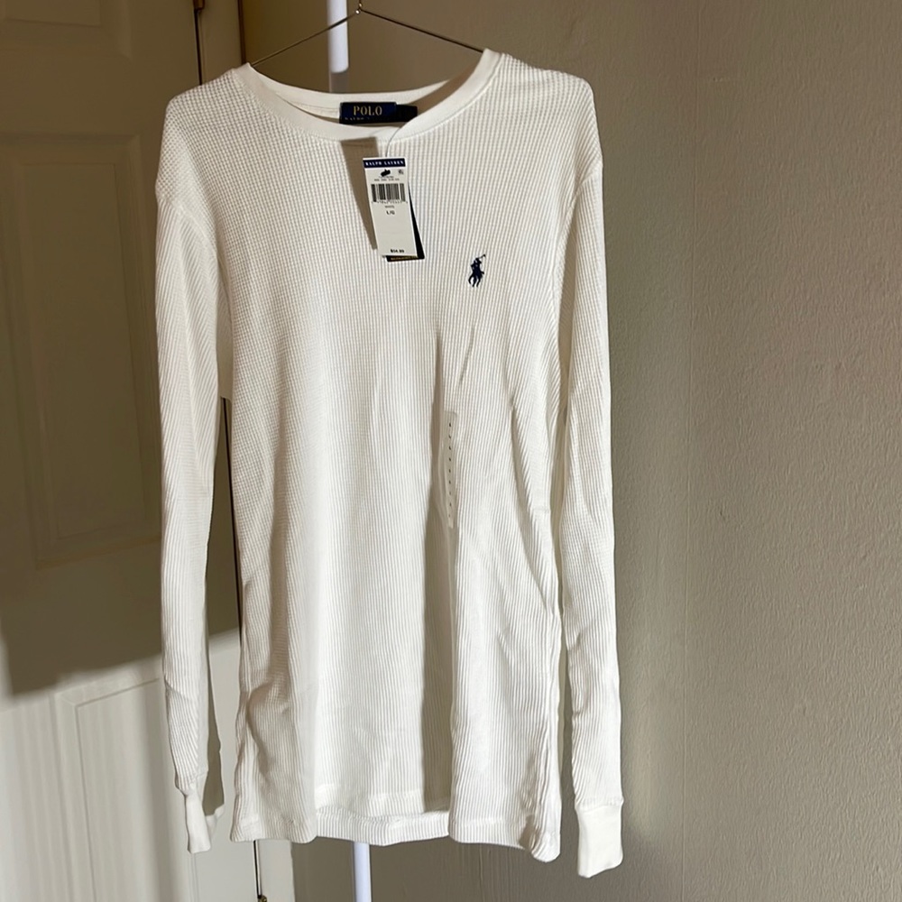 White long sleeve polo shirt ribbed